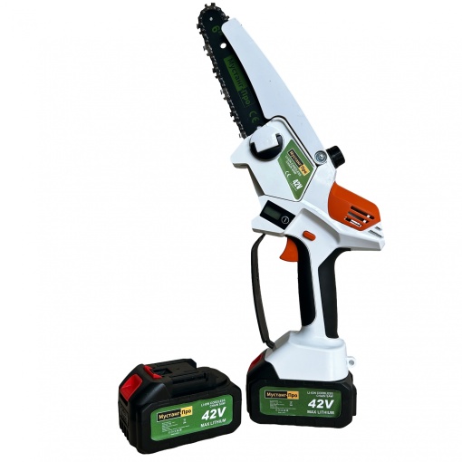 Mini fierastrau Mustang, 2 acumulatori, 42 V, 8Ah, 3 lanturi, 2 lame, rezervor ulei, afisaj led, sistem ungere lant, lama 15 cm