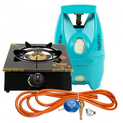 Aragaz din sticla securizata, 1 ochi, aprindere pe quartz + Kit reglabil gpl RH-10 + Tub flex 2M+2 Coliere + Butelie 5L