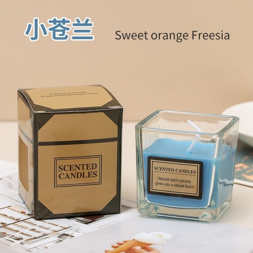 Lumanare Parfumata, Flippy, Model Pahar Transparent, cu Ulei Esential, Aroma de Frezie, Albastra