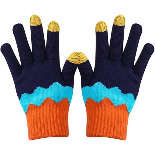 Manusi de Dama, Flippy, Model Ondulat, Functie Touchscreen (ecran tactil), Material Acril Tricotat, Manseta Elastica, Interior Catifelat, Marime Universala, Portocaliu/Albastru