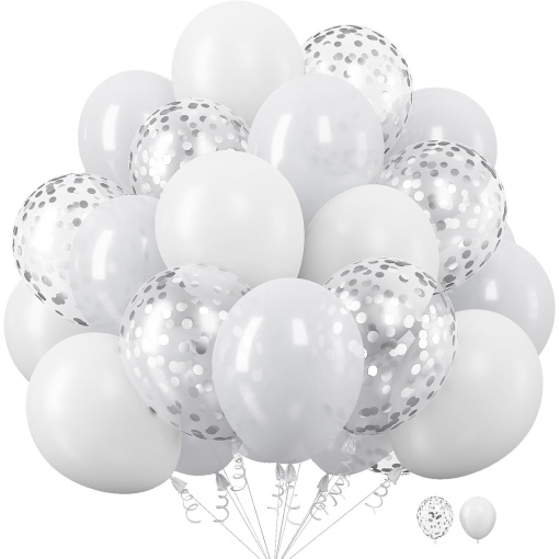 Set 10 Baloane din Latex, Flippy, Model Party, 30 cm, 5x Alb, 5x Transparent Confetti, 2.8 g