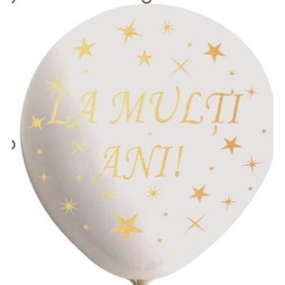Set 10 Baloane din Latex, Flippy, Model Party, La Multi Ani, 23 cm, Albe, 2.2 g