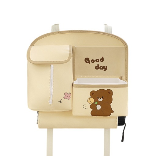 Geanta Multifunctionala de Depozitare, Flippy, pentru Bancheta din Spate a Masinii, Animat, Model Ursuleti, Scris Good Day, Suport Servetele si Telefon, 25x31 cm, Bej