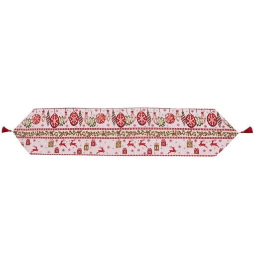 Traversa de Masa pentru Craciun, Flippy, Napron, din Material Tricotat cu Tesatura Groasa, Model Globuri, Reni si Cadouri, cu Colt si Ciucure, 173x34x0.2 cm, Alb/ Rosu