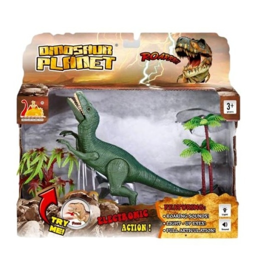 Jucarie interactiva dinozaur cu lumini si sunete Velociraptor si accesorii, 22 cm