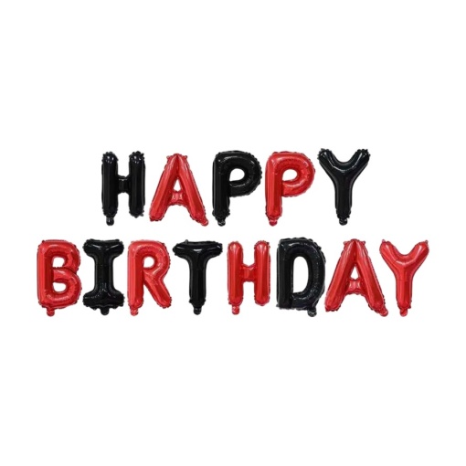 Set Baloane din Folie Metalizata, Flippy, Model Happy Birthday, Litere de 40 cm, Baloane Party, Ambalaj Individual, Pai, Ata si Adeziv Incluse, Umflare cu Aer sau Heliu, Rosu-Negru