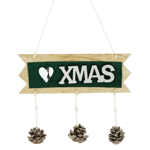 Decoratiune Craciun din Lemn, Flippy, Model Scris Xmas, Conuri Atarnate, cu Inimioara 25x9 cm, pentru Brad sau Usa, Verde/Argintiu