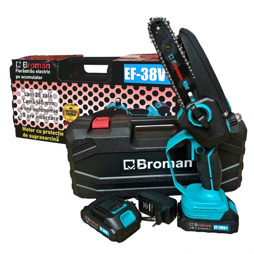 Mini-fierastrau electric Broman 2 acumulatori, 38 V, sistem ungere lant, lama 16 cm, rezervor ulei