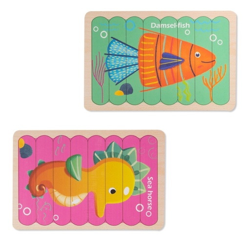 Puzzle educativ din lemn cu 2 fete, Pesti, 22 x 14 cm, 8 piese, denumire lb. engleza