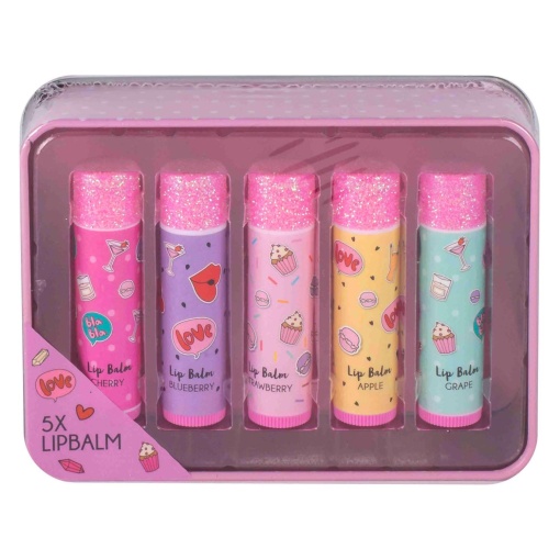 Set 5 balsamuri de buze in cutie metalica, Create It!, diferite arome