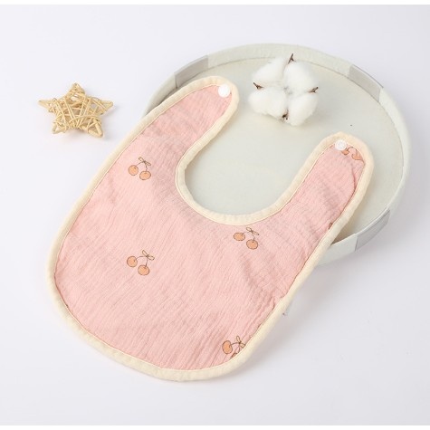 Baveta din Bumbac pentru Copii, Flippy, 0-12 Luni, 21x30 cm, Rezistenta la Apa, cu Capse, Model cu Cirese, Roz