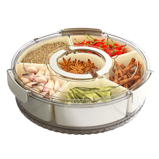 Cutie de Depozitare pentru Alimente, Flippy, cu 6 Compartimente, pentru Condimente, Fructe, Legume, cu Manere de Prindere, Rotativa 360 de Grade, Inchidere Ermetica, 32x8 cm, Alba