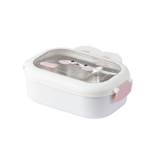Cutie pentru Pranz sau Gustari, Flippy, cu Doua Compartimente, Model Iepuras, pentru Copii si Adulti, Etansare, PP, Perfect pentru Scoala si Birou, 1000 mL, 22x17.8x8 cm, Alb