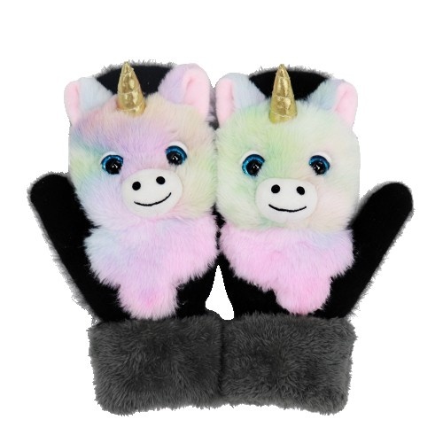 Manusi pentru Copii, Flippy, din Plus cu Umplutura de Bumbac, Protectie Termica, 24 x 20 x 3 cm, Model Unicorn 3D, Roz/Negru