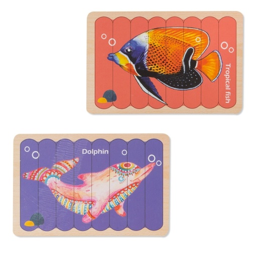Puzzle educativ din lemn cu 2 fete, Delfin Peste, 22 x 14 cm, 8 piese, denumire lb. engleza