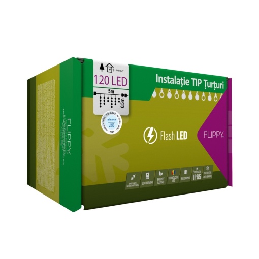 Sectiune Instalatie de Craciun Flippy® Tip Turturi, Franjuri cu Flash, IP65, Sectiune 3.8 m, 120 LED-uri, Interconectabila, Fir Negru, Alb Rece, Atentie! nu contine alimentator