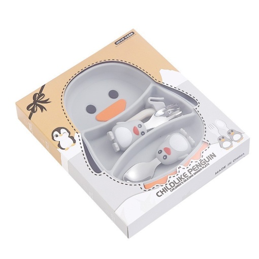 Set diversificare bebelusi Flippy, din silicon, 23.5 x 12.5 cm, 1 farfurie compartimentata in forma de pinguin, lingurita si furculita, pai, perie pai, fara alergeni, ventuza fixare, forma creativa, gri