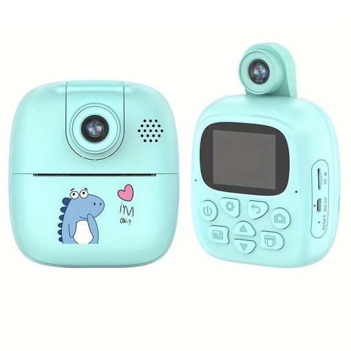 Camera Instantanee pentru Copii, Flippy, Camera Frontala + Selfie, cu Functie de Printare, Cablu USB-C, Bluetooth, Compatibil iOS/Android, Imprimare APP, Model Dino, Albastru