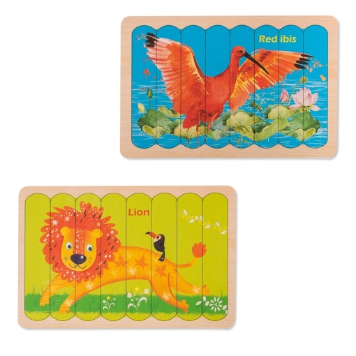 Puzzle educativ din lemn cu 2 fete, Pasare si Leu, 22 x 14 cm, 8 piese, denumire lb. engleza