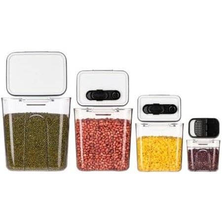 Set 4 Recipiente Depozitare Alimente, Flippy, pentru Organizare Bucatarie, cu Inchidere Ermetica, Transparent, Plastic fara BPA, Compatibile cu Masina de Spalat Vase, Diferite Dimensiuni, 350 ml, 1300 ml, 2700 ml, 4600 ml