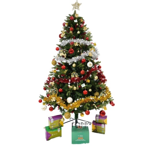 Set brad artificial de Craciun si elemente decorative, decorat cu conuri pin rosii, inaltime 210 cm, diametru 137 cm, 1172 ramuri, Flippy, verde, suport metalic inclus