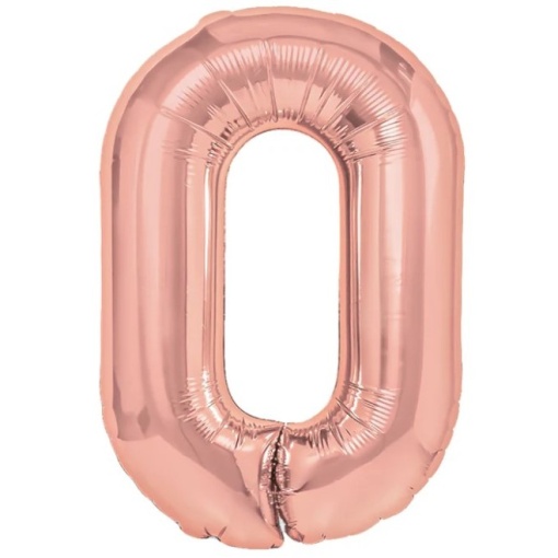 Balon din Folie Metalizata Flippy, Figurina Cifra, Tema Aniversare 40 cm, Ambalaj Individual, Pai inclus, Umflare cu Aer sau Heliu, Rose Gold, Cifra 0