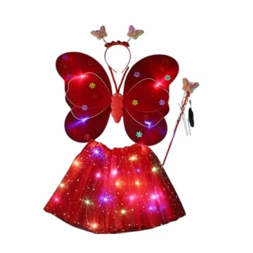 Costum Fluturas cu Aripi Modelabile Luminoase pentru Copii, Flippy, Fusta din Tul cu Lumini, Bagheta si Bentita, 4 piese, Pentru Halloween, Roleplay, Craciun, Carnaval, Paste, Ziua Copilului, Bumbac/Poliester, Marime universala, Rosu
