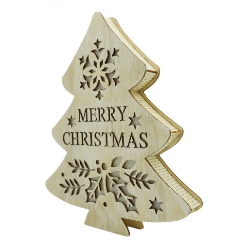 Decoratiune luminoasa, model de Brad cu inscriptie Marry Christmas, alb, lungime: 19 cm, latime: 3 cm, inaltime: 22 cm, lemn, interior/exterior