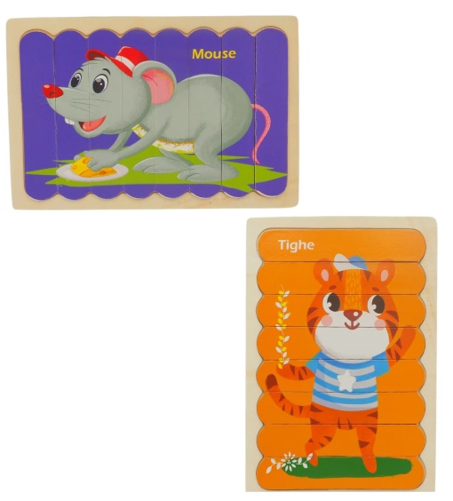 Puzzle educativ din lemn cu 2 fete, Soricel si Tigru, 22 x 14 cm, 8 piese, denumire lb. engleza