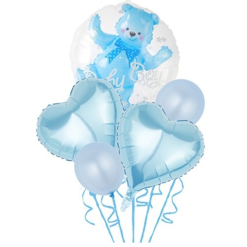 Set Baloane Aniversare, Flippy, set din 5 bucati, 1 bucata urs, 2 inimi folie, 2 simple din latex Baby Boy, 60 cm Albastru