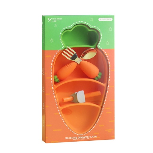 Set diversificare bebelusi Flippy, din silicon, 23.5 x 12.5 cm, 1 farfurie compartimentata in forma de morcov, lingurita si furculita, pai, perie pai, fara alergeni, ventuza fixare, forma creativa, portocaliu