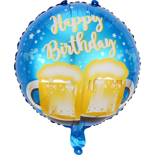 Balon din Folie Metalizata, Flippy, Mini Figurina Rotunda, Model Halbe de Bere, Happy Birthday, Tematica Aniversare, 45 cm, Ambalaj Individual, Pai Inclus, Umflare cu Aer sau Heliu, Albastru