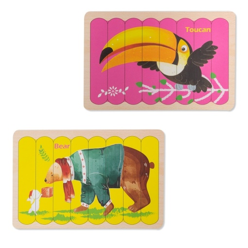 Puzzle educativ din lemn cu 2 fete, Pasare Tucan si Urs, 22 x 14 cm, 8 piese, denumire lb. engleza
