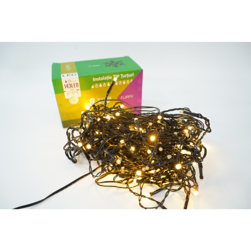 Sectiune Instalatie de Craciun Flippy® Tip Franjuri, 8 jocuri de lumini 5 m, 143 LED-uri, Interconectabila, Fir Negru, Alb Cald, Atentie! Nu contine alimentator