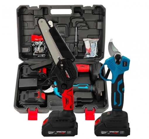 Set foarfeca electrica & mini-drujba cu 2 acumulatori DDT-CRISTAL, 24 V, 2 Ah, incarcator, accesorii incluse