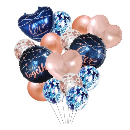 Set 15 baloane pentru Nunta, Flippy, baloane pentru decor, din folie de aluminiu, 30 x 50 cm, Rose / Albastru