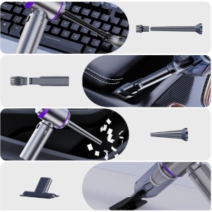 Aspirator Portabil Auto, Flippy, pentru Casa si Masina, 3 Viteze, Incarcator Tip-C cu Incarcare Rapida, Tub Prelungitor, 2000mAh, 7 Capete de Aspirare si Suflare, 21x20x6.5 cm, Argintiu Mov - Img 3