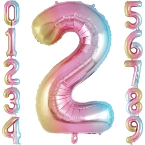 Balon din Folie Metalizata Flippy, Figurina Cifra Gradient, Tema Aniversare 40 cm, Ambalaj Individual, Pai inclus, Umflare cu Aer sau Heliu, Multicolor, Cifra 2 - Img 6