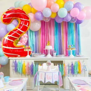 Balon din Folie Metalizata Flippy, Figurina Cifra, Imprimeu Gogosi, Tema Aniversare 100 cm, Ambalaj Individual, Pai inclus, Umflare cu Aer sau Heliu, Multicolor, Cifra 2 - Img 2
