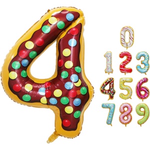 Balon din Folie Metalizata Flippy, Figurina Cifra, Imprimeu Gogosi, Tema Aniversare 100 cm, Ambalaj Individual, Pai inclus, Umflare cu Aer sau Heliu, Multicolor, Cifra 4 - Img 13