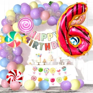 Balon din Folie Metalizata Flippy, Figurina Cifra, Imprimeu Gogosi, Tema Aniversare 100 cm, Ambalaj Individual, Pai inclus, Umflare cu Aer sau Heliu, Multicolor, Cifra 6 - Img 3
