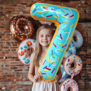 Balon din Folie Metalizata Flippy, Figurina Cifra, Imprimeu Gogosi, Tema Aniversare 100 cm, Ambalaj Individual, Pai inclus, Umflare cu Aer sau Heliu, Multicolor, Cifra 7 - Img 3