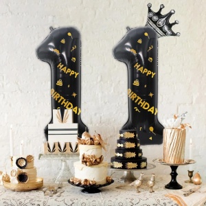 Balon din Folie Metalizata Flippy, Figurina Cifra si Coroana, Scris Happy Birthday, Tema Aniversare 100 cm, Ambalaj Individual, Pai inclus, Umflare cu Aer sau Heliu, Negru, Cifra 1 - Img 4
