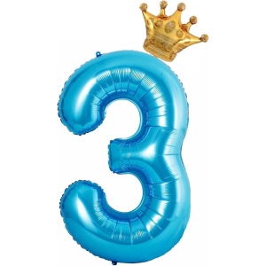 Balon din Folie Metalizata Flippy, Figurina Cifra si Coroana, Tema Aniversare 100 cm, Ambalaj Individual, Pai inclus, Umflare cu Aer sau Heliu, Albastru, Cifra 3 - Img 1