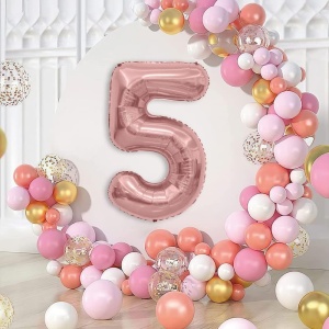 Balon din Folie Metalizata Flippy, Figurina Cifra, Tema Aniversare 100 cm, Ambalaj Individual, Pai inclus, Umflare cu Aer sau Heliu, Coral, Rose, Cifra 5 - Img 2