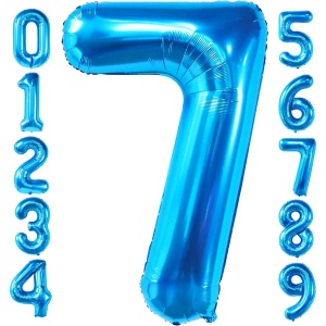 Balon din Folie Metalizata, Flippy, Figurina Cifra, Tema Aniversare 100 cm, Ambalaj Individual, Pai inclus, Umflare cu Aer sau Heliu, Albastru, Cifra 7 - Img 2