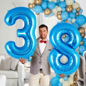 Balon din Folie Metalizata, Flippy, Figurina Cifra, Tema Aniversare 100 cm, Ambalaj Individual, Pai inclus, Umflare cu Aer sau Heliu, Albastru, Cifra 8 - Img 5