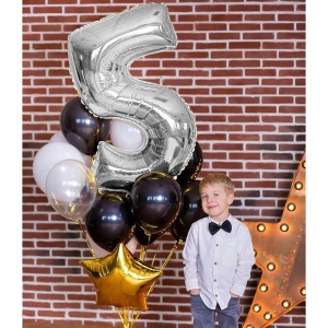 Balon din Folie Metalizata, Flippy, Figurina Cifra, Tema Aniversare 100 cm, Ambalaj Individual, Pai inclus, Umflare cu Aer sau Heliu, Argintiu, Cifra 5 - Img 2