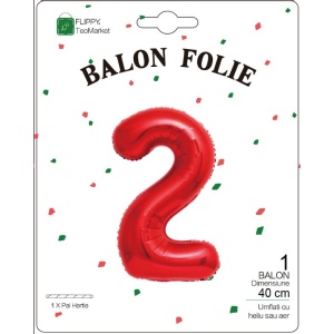 Balon din Folie Metalizata Flippy, Figurina Cifra, Tema Aniversare 40 cm, Ambalaj Individual, Pai inclus, Umflare cu Aer sau Heliu, Rosu, Cifra 2 - Img 2