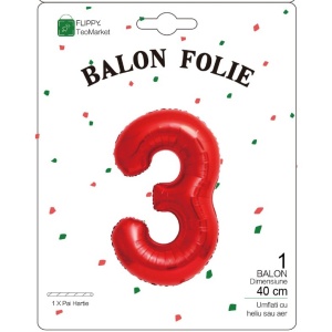 Balon din Folie Metalizata Flippy, Figurina Cifra, Tema Aniversare 40 cm, Ambalaj Individual, Pai inclus, Umflare cu Aer sau Heliu, Rosu, Cifra 3 - Img 2